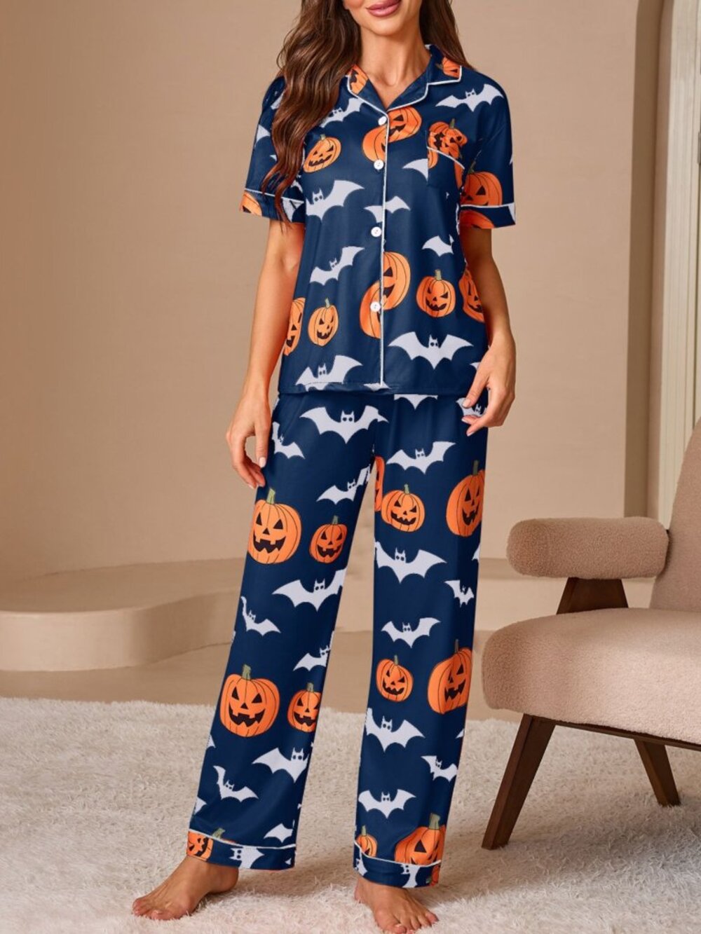 Halloween Pumpkin & Bat Print Button‑Down Lounge Set | Top & Pants